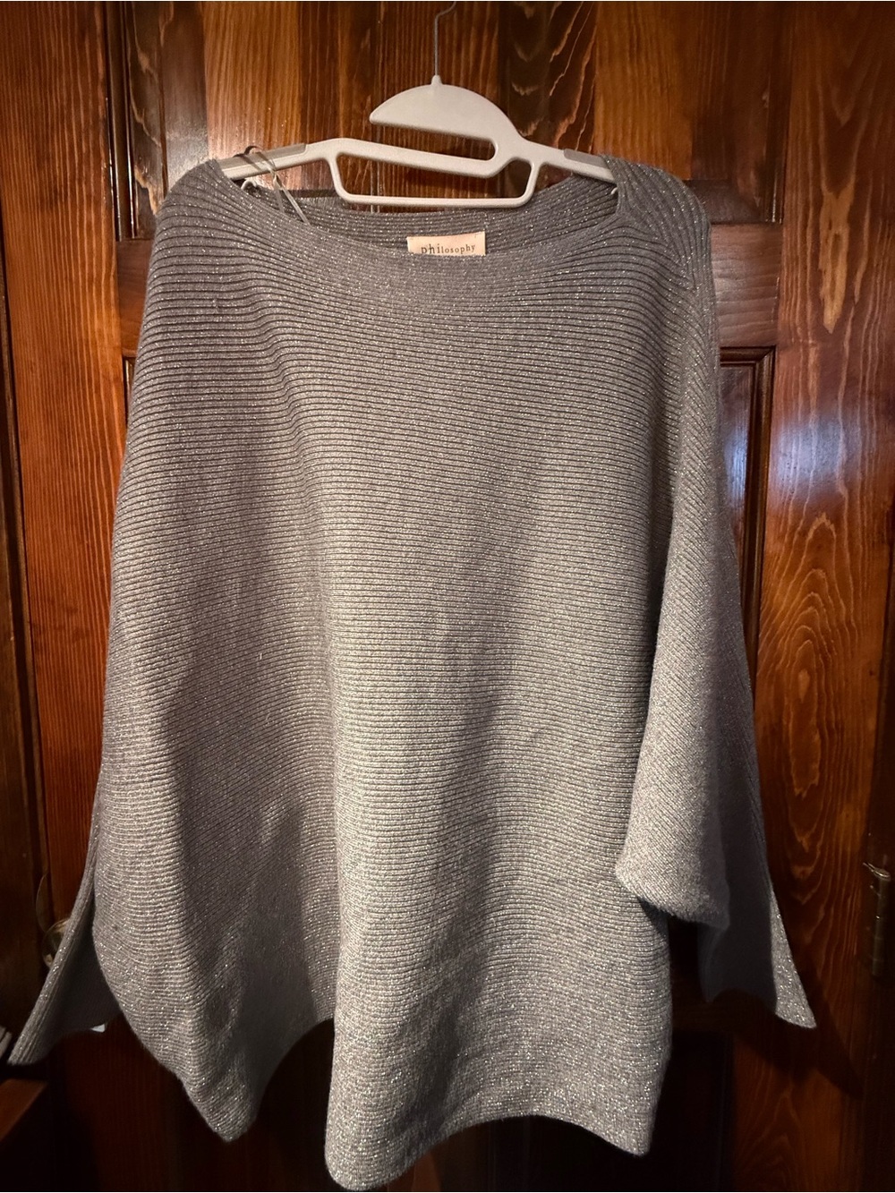 Philosophy Woman Metallic Gray Off-Shoulder Ribbed Sweater